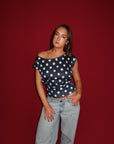 NAVY POLKA SLOUCH TOP